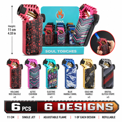 Soul Lighters Dragon Twin-Jet Torch Lighter, sculpted dragon head, 6 designs, 6-count