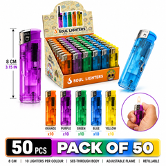 Soul Lighters Transparent Colour Pocket Flame Lighter, visible fuel, Box of 50