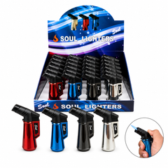 Soul Lighters Mini-Size Refillable Torch Lighter – Chrome Mirror Colours: Red, Blue, Black & Silver, Flip-Open Cap (Pack of 16, 4 Colours)