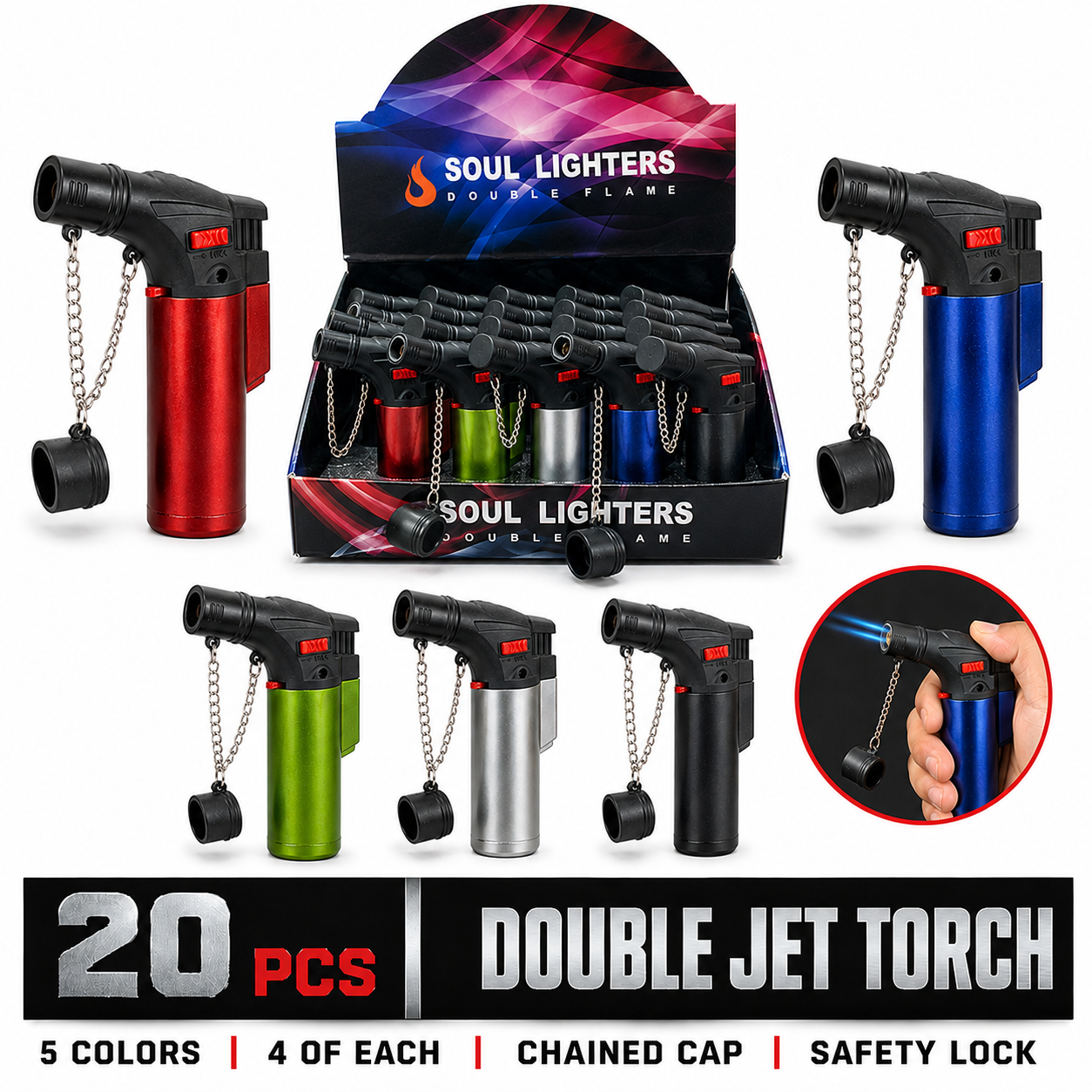 Soul Lighters Mini Double-Jet Torch Lighter, 5 solid colours, chain cap, Pack of 20