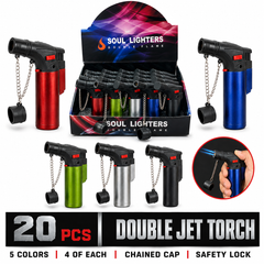Soul Lighters Mini Double-Jet Torch Lighter, 5 solid colours, chain cap, Pack of 20