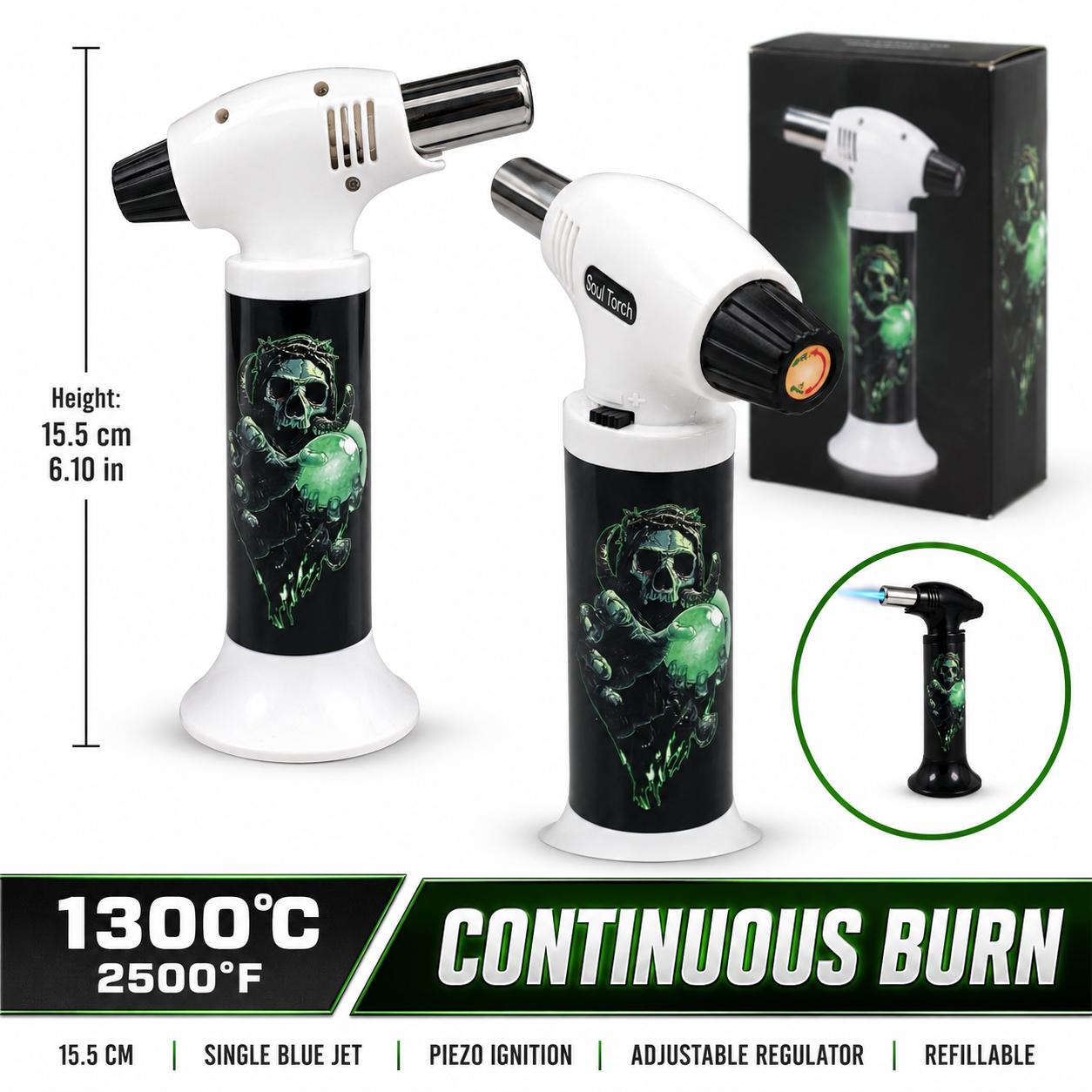 Soul Lighters Green Reaper cigar torch lighter, white housing, 1300C piezo, 15.5 cm