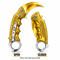 Gold folding karambit knife detail