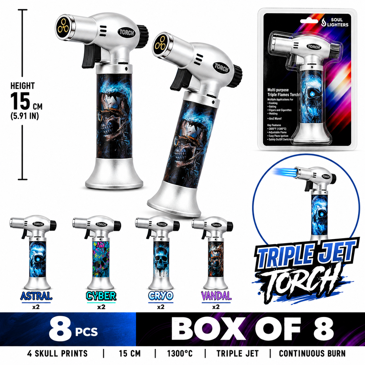 Soul Lighters Triton Wraith triple-jet pistol-grip butane torch lighter box of 8, skull prints, 15 cm