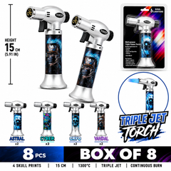 Soul Lighters Triton Wraith triple-jet pistol-grip butane torch lighter box of 8, skull prints, 15 cm