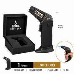 Soul Lighters Caliber Single-Jet Pistol-Grip Butane Torch Lighter – Matte Black, Trigger Ignition, Flame Lock, Exposed Brass Burner, Gift Boxed (16 cm)