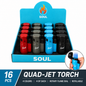 Soul Lighters Premium Quad-Jet Torch Lighter, 4 solid colours, Pack of 16