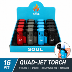Soul Lighters Premium Quad-Jet Torch Lighter, 4 solid colours, Pack of 16