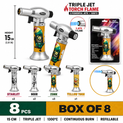 Soul Lighters Triton Mixtape triple-jet pistol-grip butane torch lighter box of 8, novelty prints, 15 cm