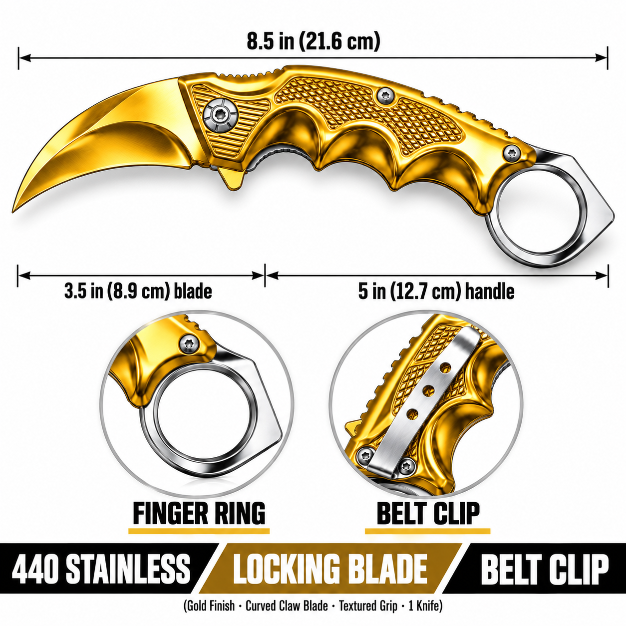 Gold folding karambit knife 8.5 inch with 3.5 inch 440 stainless steel hawkbill blade