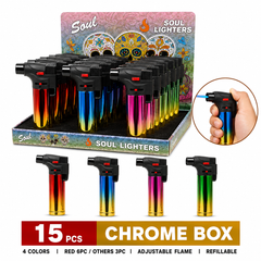 Soul Lighters Metallic Chrome Refillable Jet Torch Lighter, Windproof Single Flame, Box of 15, 4 Colors