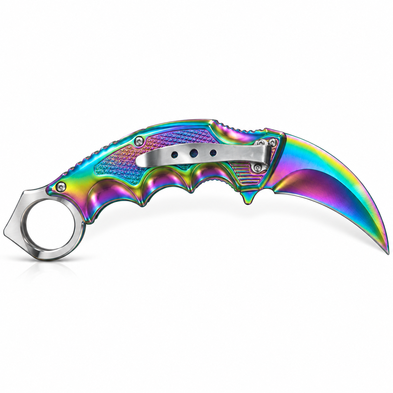 Rainbow folding karambit knife detail