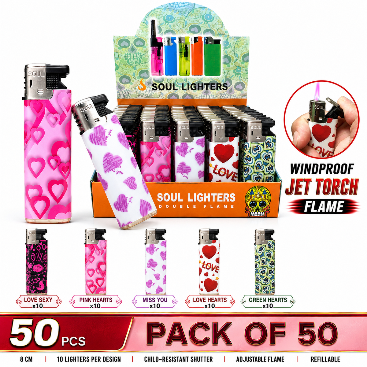 Soul Lighters Heart & Love Pocket Torch Lighter, refillable windproof flame, Box of 50