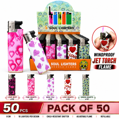 Soul Lighters Heart & Love Pocket Torch Lighter, refillable windproof flame, Box of 50