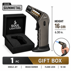 Soul Lighters Caliber pistol-grip butane torch lighter, gunmetal chrome, brass burner, 16 cm