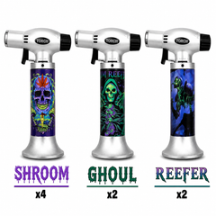 Soul Lighters Triton Necro Cannabis-Skull Triple-Jet Butane Torch Lighter – Pistol-Grip, 1300°C, Continuous Burn (Box of 8, 15 cm)