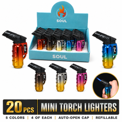 Soul Lighters Mini Gradient Chrome Torch Lighter, 5 ombré colours, flip cap, Pack of 20