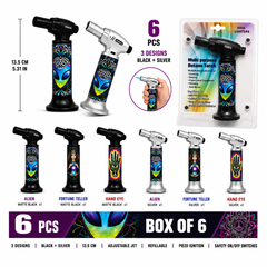 Soul Lighters 19400 Cosmic third-eye butane torch lighter box of 6, matte black and silver, 13.5 cm