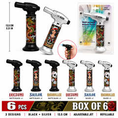 Soul Lighters 19400 Inked tattoo-art butane torch lighter box of 6, matte black and silver, 13.5 cm