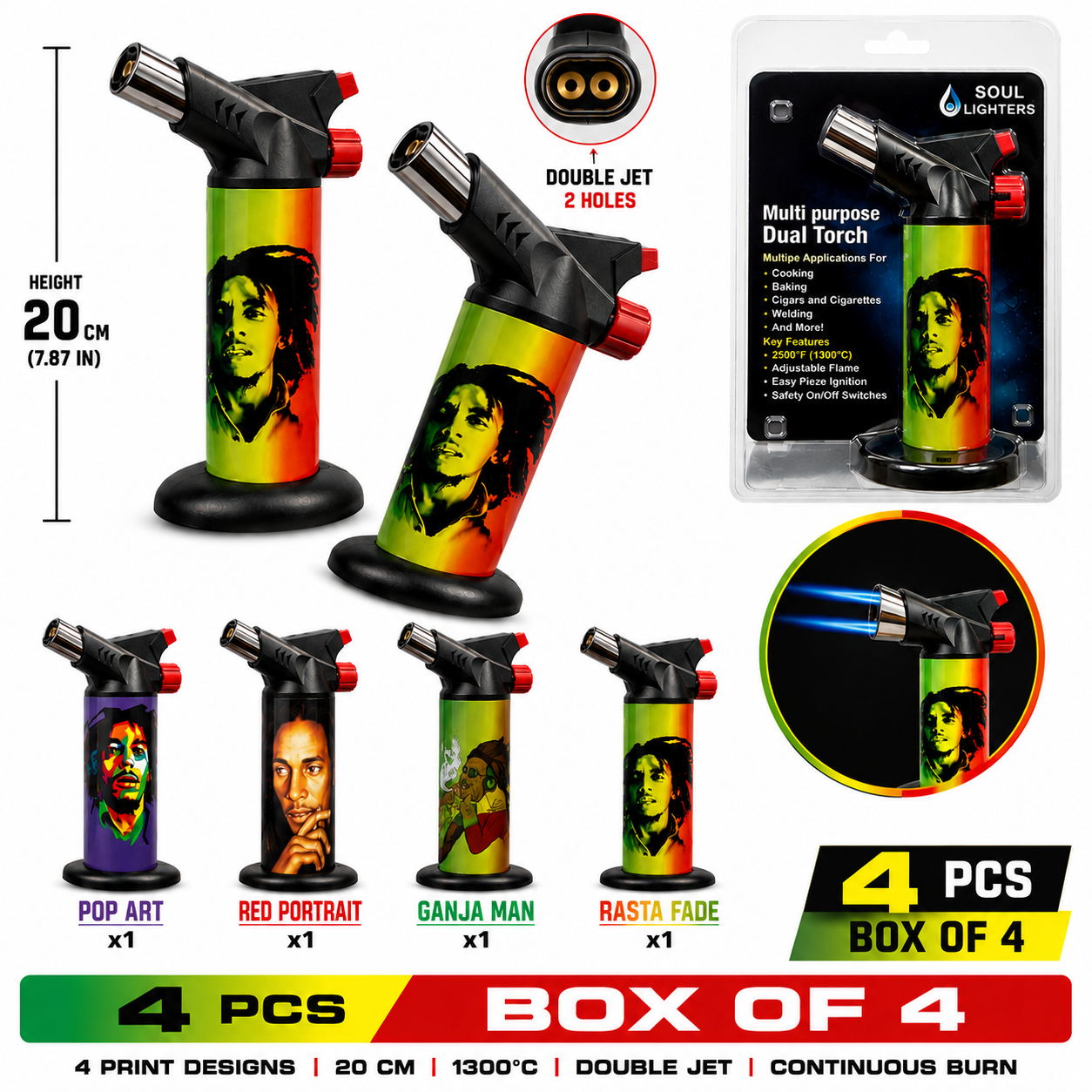 Soul Lighters Titan Reggae dual-jet butane torch lighter box of 4, reggae prints, 20 cm