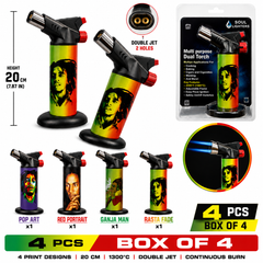 Soul Lighters Titan Reggae dual-jet butane torch lighter box of 4, reggae prints, 20 cm