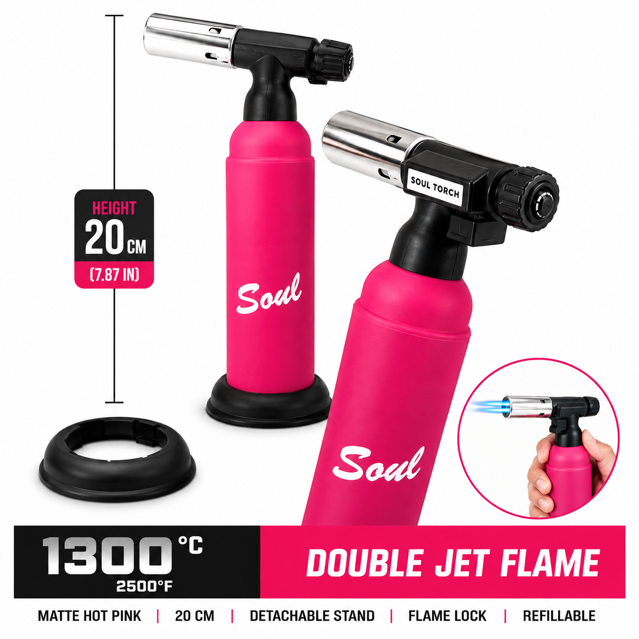 Soul Lighters Ember Double-Jet culinary butane torch, matte hot pink, 20 cm, detachable stand