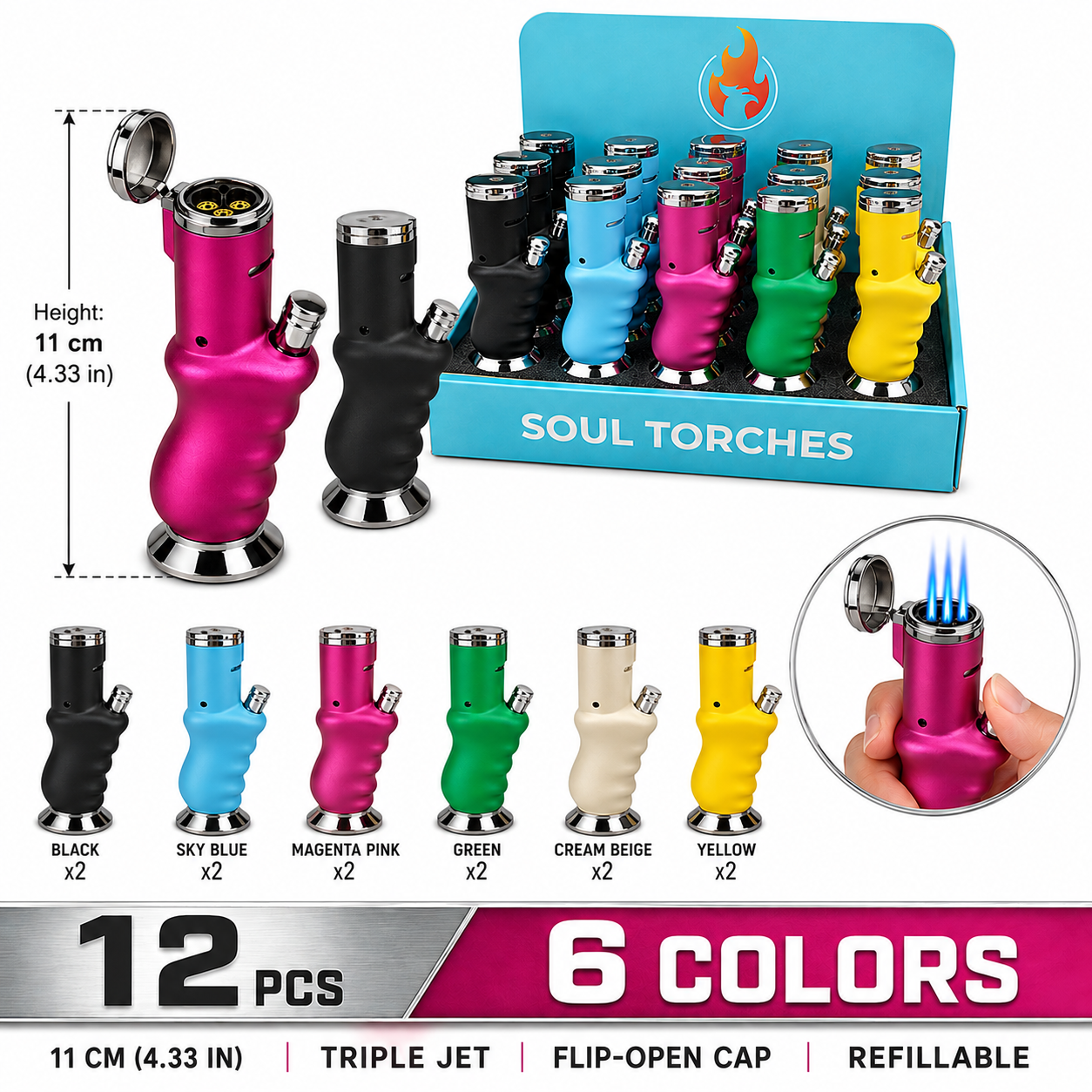 Soul Lighters Premium Kettle-Style Triple-Jet Torch Lighter, trophy base, 6 colours, 12-count