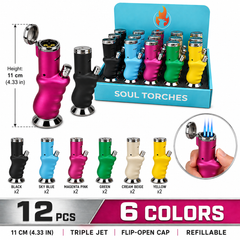 Soul Lighters Premium Kettle-Style Triple-Jet Torch Lighter, trophy base, 6 colours, 12-count