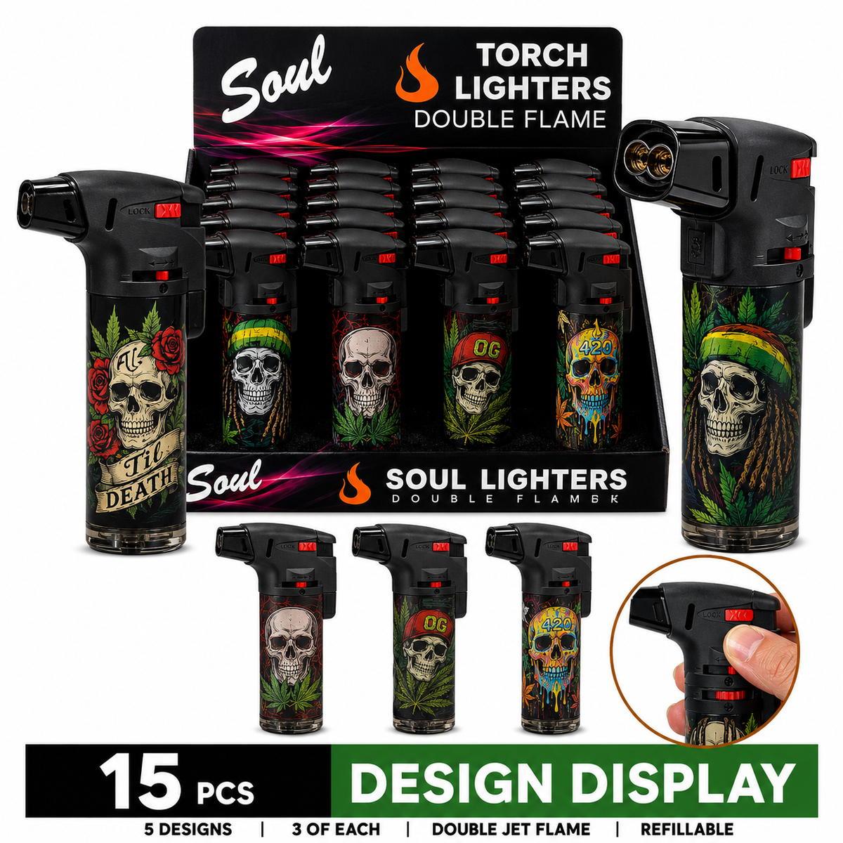 Soul 00239 Smoked Double-Jet Butane Torch Lighter, Skull and Cannabis Print, 5 Designs (15-Count Display)