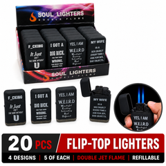 Soul Lighters Adult Humour Flip-Top Double-Jet Torch Lighter, 4 designs, Pack of 20