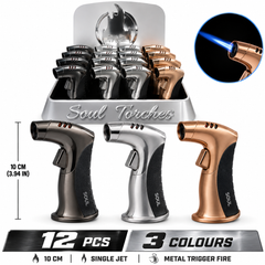 Soul Lighters Hammerhead Single-Jet Torch Lighter – Heavy Metal Build, Cantilevered Curved Burner Head, Trigger Ignition, 3 Colours (12-Count Display)