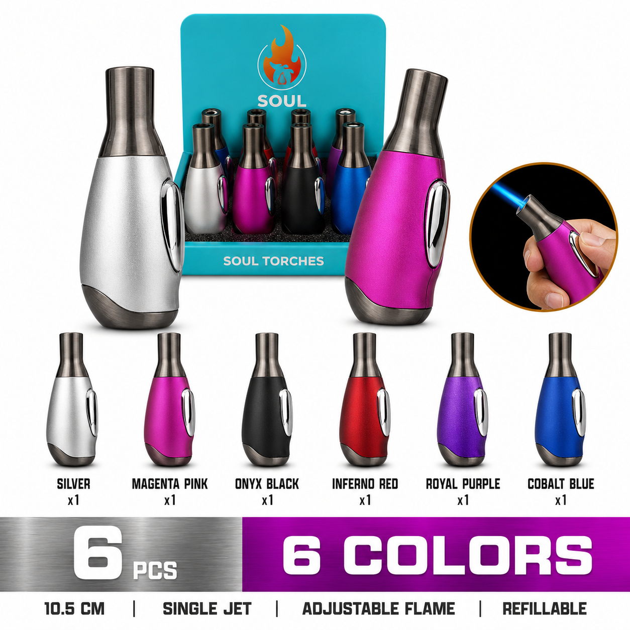 Soul Lighters Decanter Single-Jet metal torch lighter, 6 metallic colours, 6-count