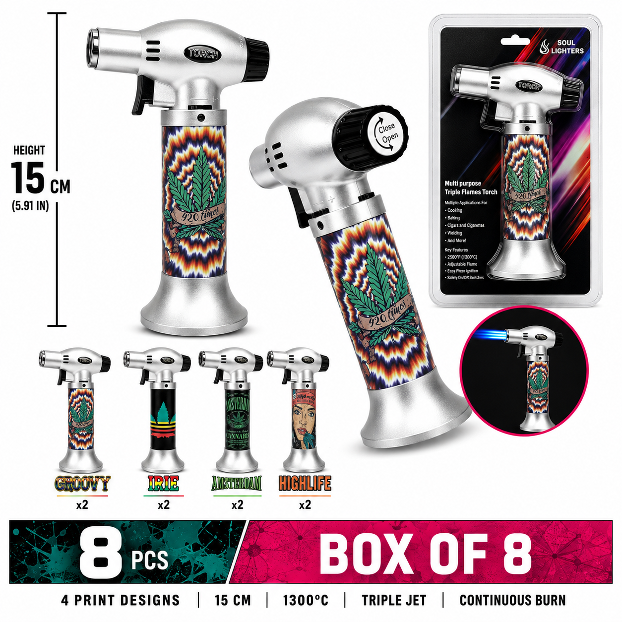 Soul Lighters Triton Kush triple-jet pistol-grip butane torch lighter box of 8, cannabis prints, 15 cm