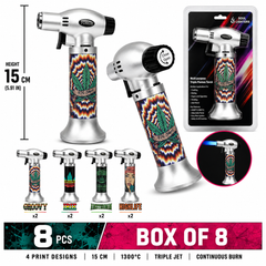 Soul Lighters Triton Kush triple-jet pistol-grip butane torch lighter box of 8, cannabis prints, 15 cm