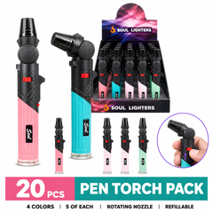 Soul Lighters Pen-Style Rotating Nozzle Torch Lighter, 4 colours, Pack of 20