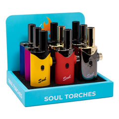 Soul Lighters Extended-Nozzle Single-Jet Torch Lighter – Tall Straight Nozzle, Push-Button Ignition, LOCK Safety, 9 Solid & Chrome Colours (9-Count Display)