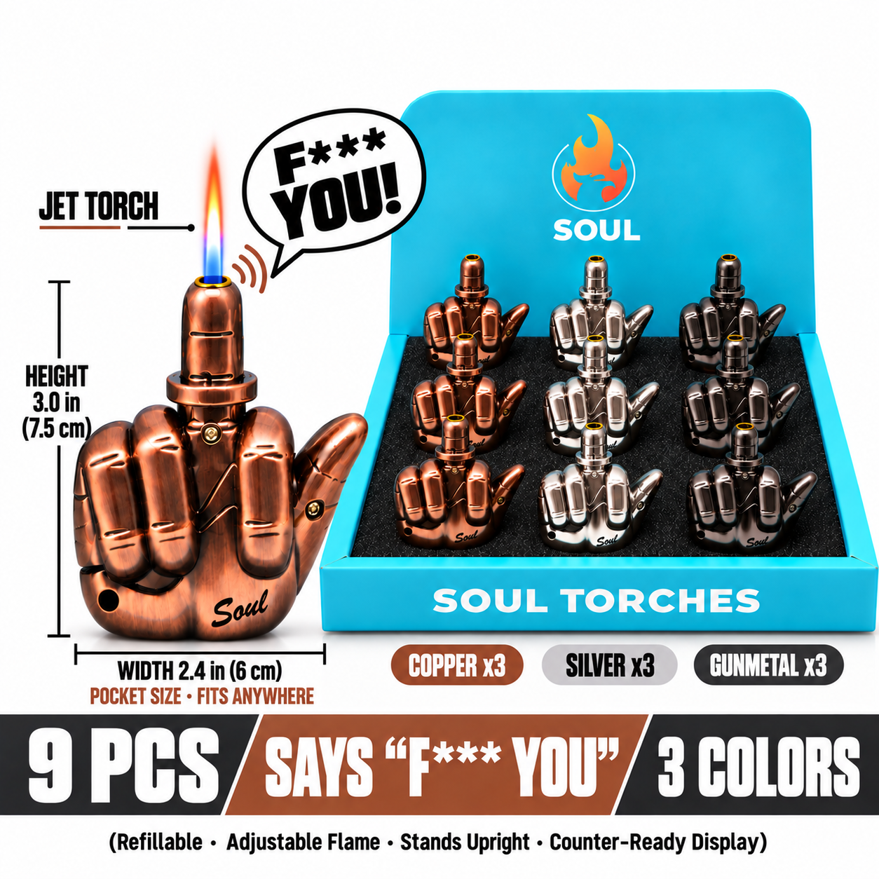 Soul Middle Finger Talking Jet Torch Lighter, refillable windproof, Copper Silver and Gunmetal, display box of 9 – Wholesale Canada