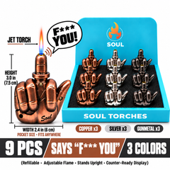 Soul Middle Finger Talking Jet Torch Lighter, refillable windproof, Copper Silver and Gunmetal, display box of 9 – Wholesale Canada
