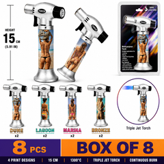 Soul Lighters Triton Riviera beach pin-up triple-jet pistol-grip butane torch lighter box of 8, 15 cm