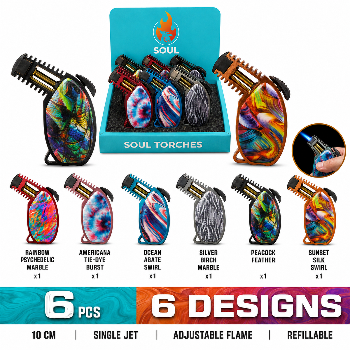 Soul Lighters Stingray Single-Jet Torch Lighter, 6 marble and tie-dye designs, 6-count