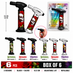 Soul Lighters 19400 Calavera skull and floral butane torch lighter box of 6, matte black and silver, 13.5 cm