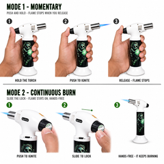 Soul Lighters Green Reaper Cigar Torch Lighter – White Housing, 1300°C Piezo Flame, Continuous-Burn Lock, Stand-Up (15.5 cm)