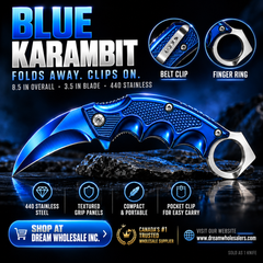 Folding Pocket Karambit 8.5" (21.6 cm) Hawkbill Knife, 3.5" (8.9 cm) 440 Stainless Steel Blade, Finger Ring, with Belt Clip, 5 Colours: Gold, Rainbow, Black, Blue, Silver