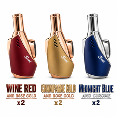 Soul Lighters Blowtorch Single-Jet Torch Lighter – Upright Stand, Premium Two-Tone Metallic, Colours: Wine Red, Champagne Gold & Midnight Blue (6-Count Display)