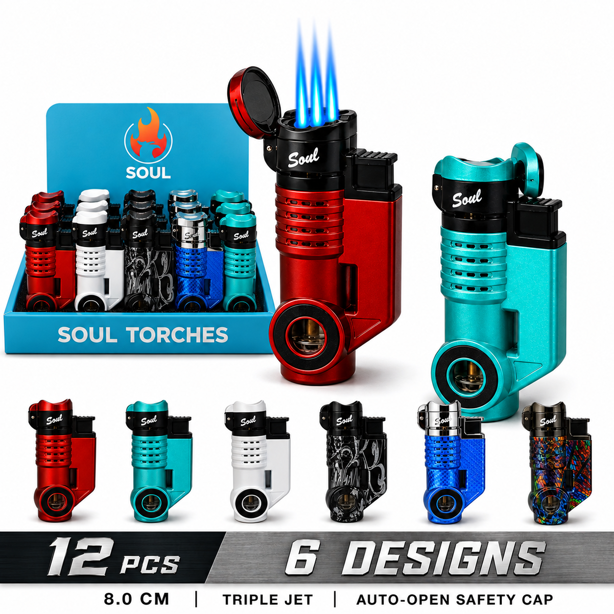 Soul Lighters Cannon Triple-Jet Torch Lighter, 6 designs, 12-count display