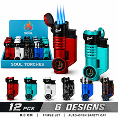 Soul Lighters Cannon Triple-Jet Torch Lighter, 6 designs, 12-count display