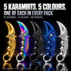 Folding Pocket Karambit 8.5" (21.6 cm) Hawkbill Knife, Pack of 5 Assorted Colours (Gold, Rainbow, Black, Blue, Silver), 3.5" 440 Stainless Steel Blade, Finger Ring, with Belt Clip