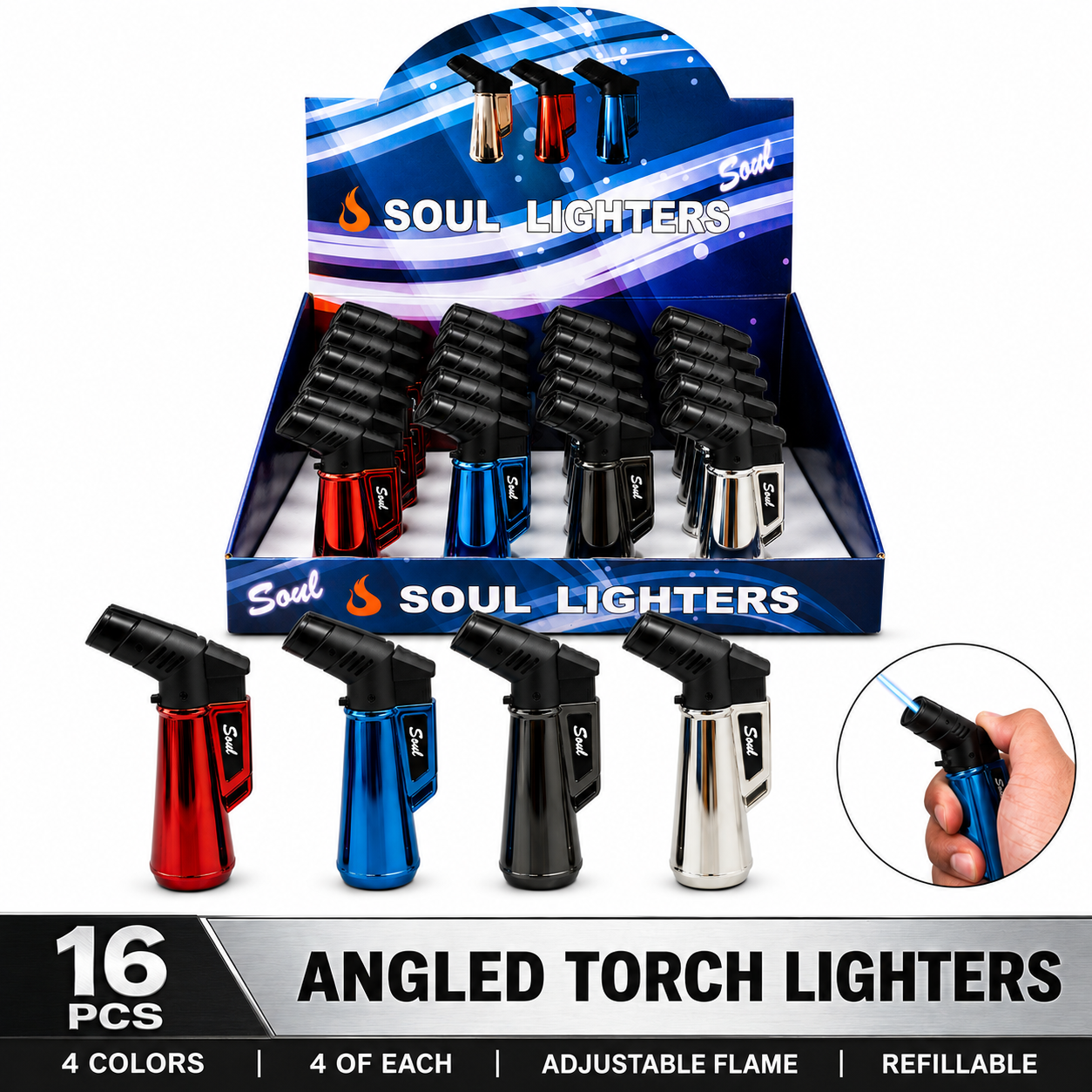 Soul Lighters Mini Chrome Mirror Torch Lighter, 4 colours, flip cap, Pack of 16