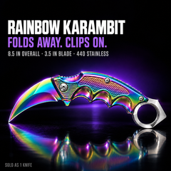 Folding Pocket Karambit 8.5" (21.6 cm) Hawkbill Knife, Pack of 5 Assorted Colours (Gold, Rainbow, Black, Blue, Silver), 3.5" 440 Stainless Steel Blade, Finger Ring, with Belt Clip