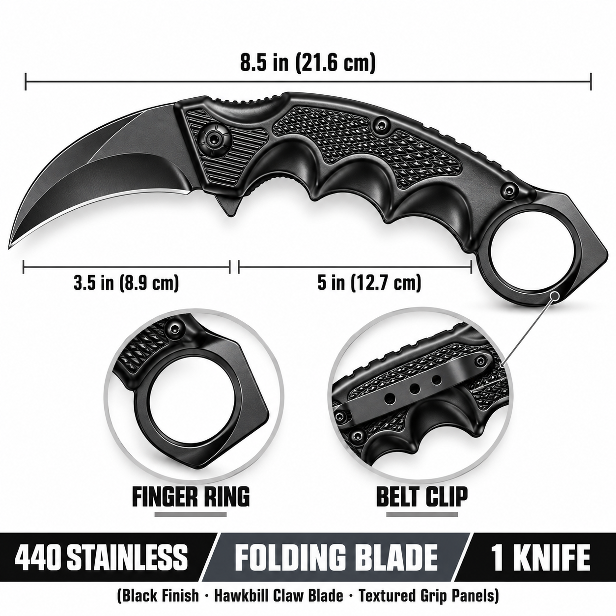 Black folding karambit knife 8.5 inch with 3.5 inch 440 stainless steel hawkbill blade